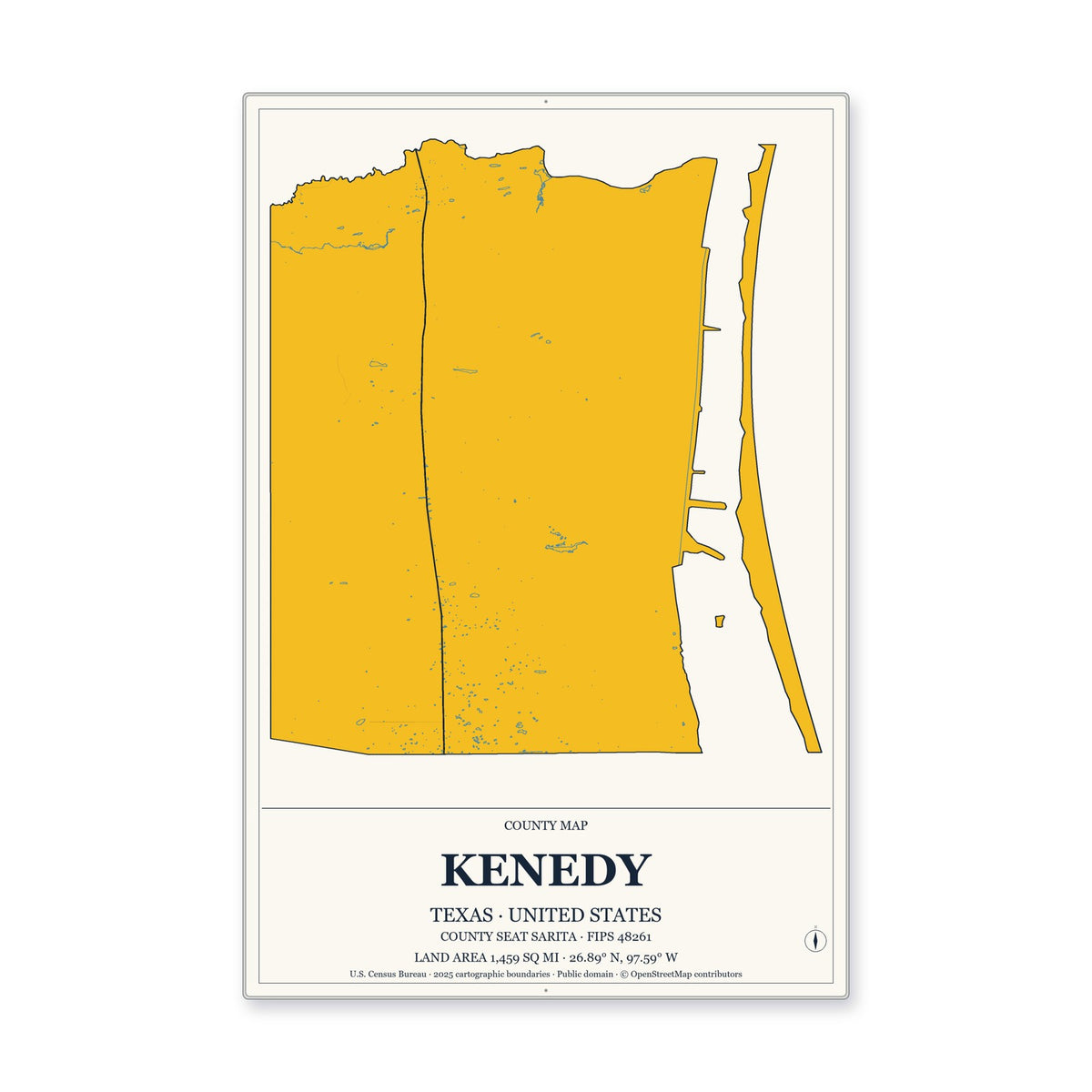 Kenedy County, Texas Map Aluminum Sign in Citrine Modern style