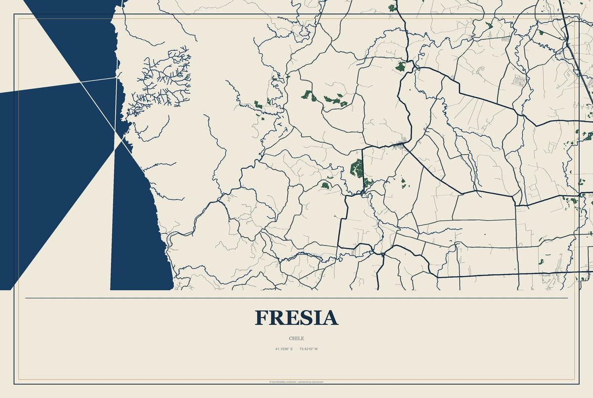 Fresia, Chile City Map Aluminum Sign in Coastal Cutout style