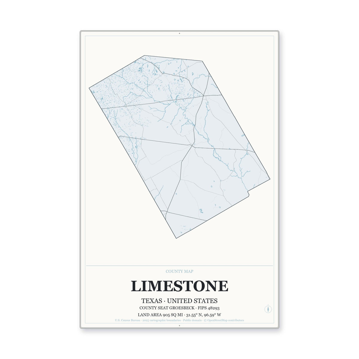 Limestone County, Texas Map Aluminum Sign in Gallery Air style