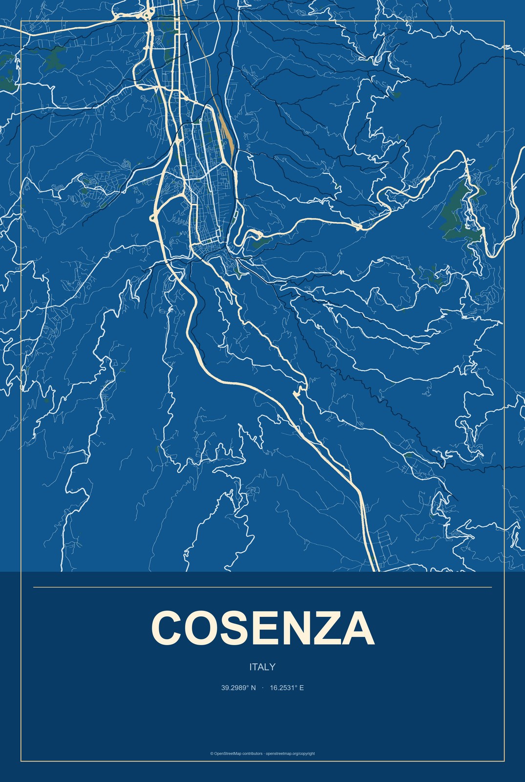 Cosenza, Italy City Map Aluminum Sign in Harbor Cobalt style