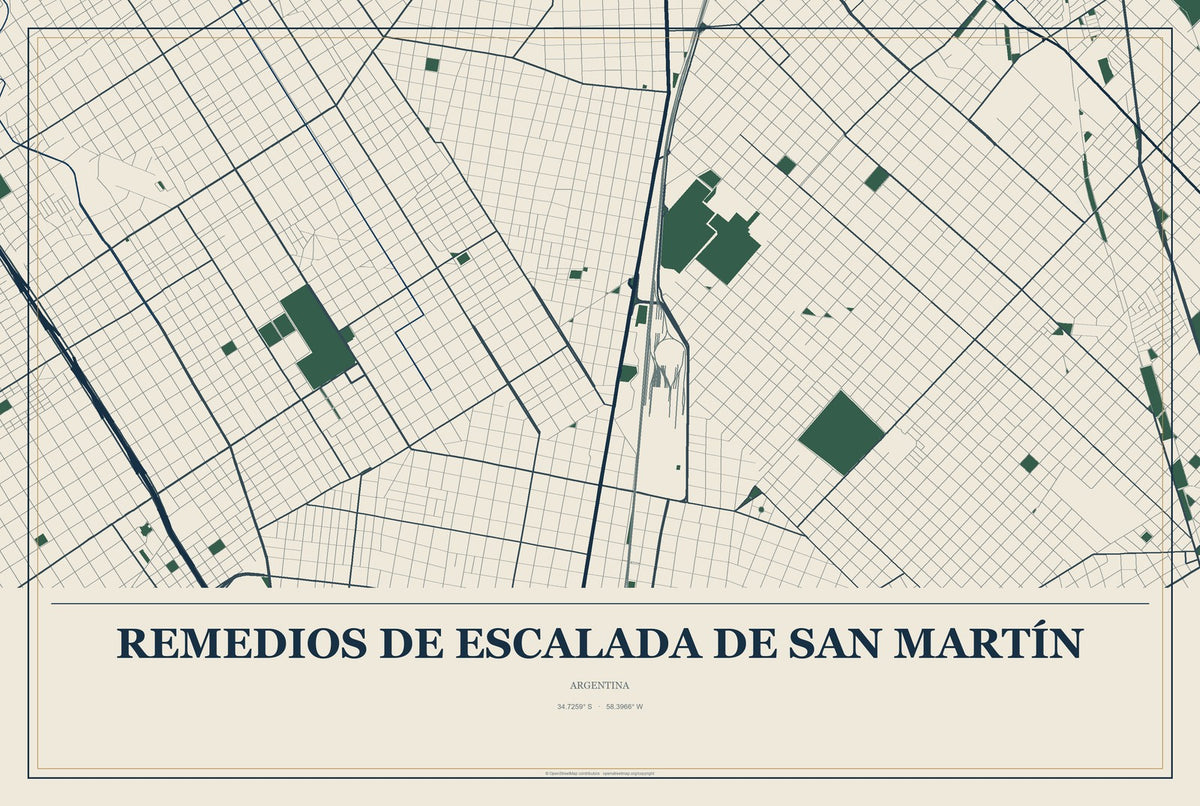 Remedios de Escalada de San Martín, Argentina City Map Aluminum Sign in Coastal Cutout style