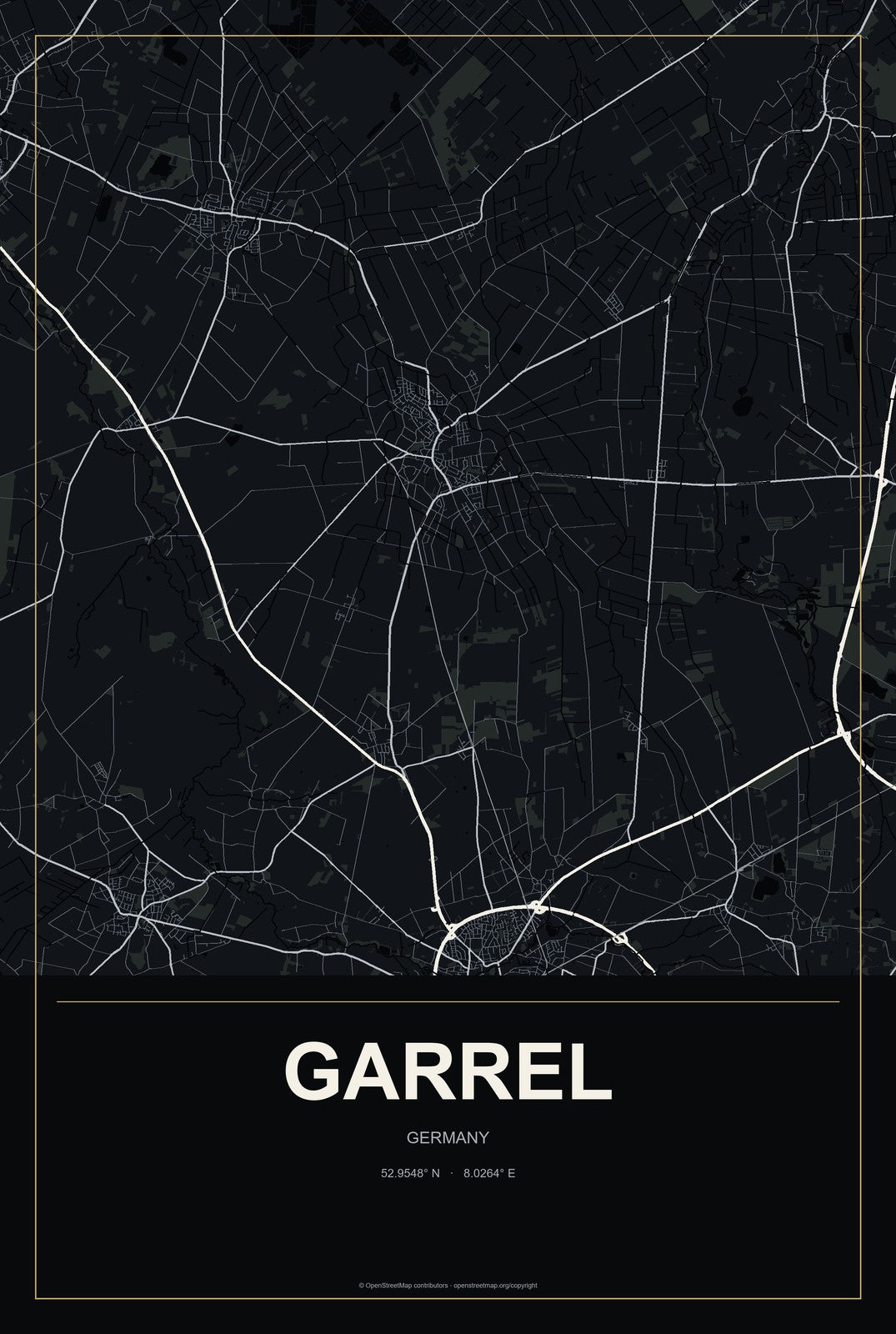 Garrel, Germany City Map Aluminum Sign in Metropolitan Noir style