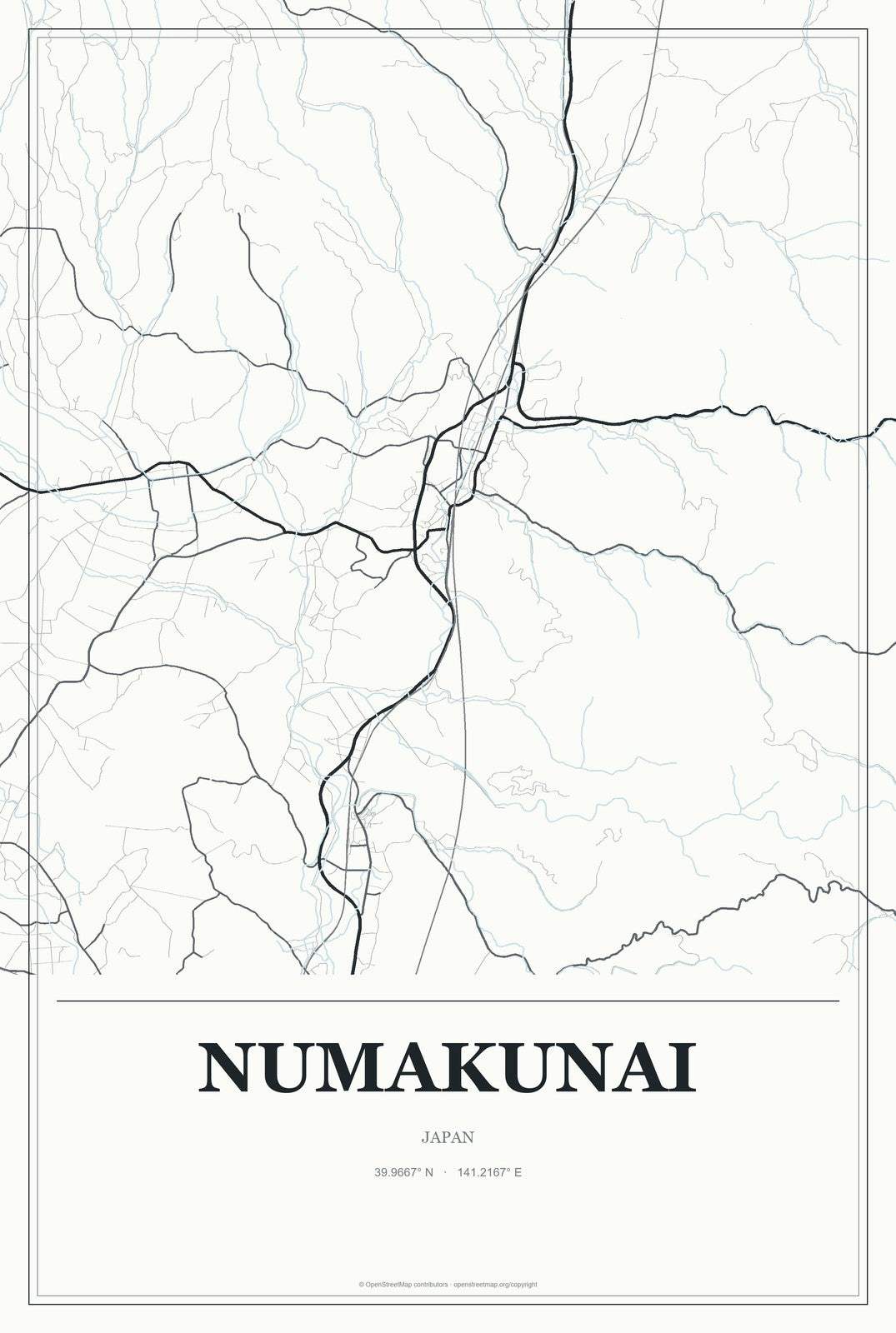 Numakunai, Japan City Map Aluminum Sign in Gallery Air style