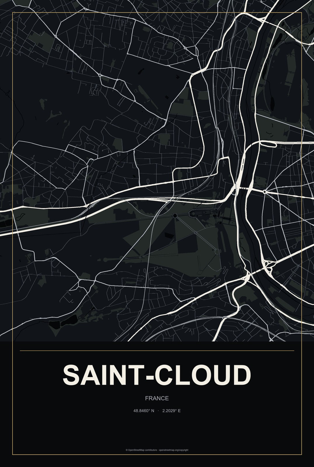 Saint-Cloud, France City Map Aluminum Sign in Metropolitan Noir style
