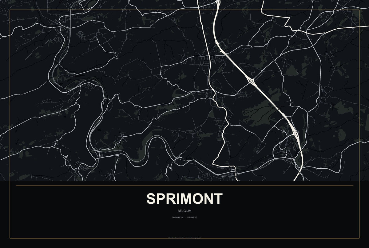 Sprimont, Belgium City Map Aluminum Sign in Metropolitan Noir style