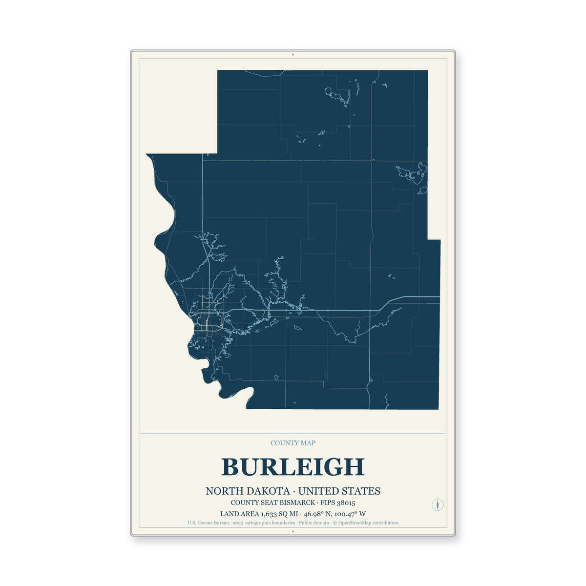 Burleigh County, North Dakota Map Aluminum Sign in Coastal Cutout style
