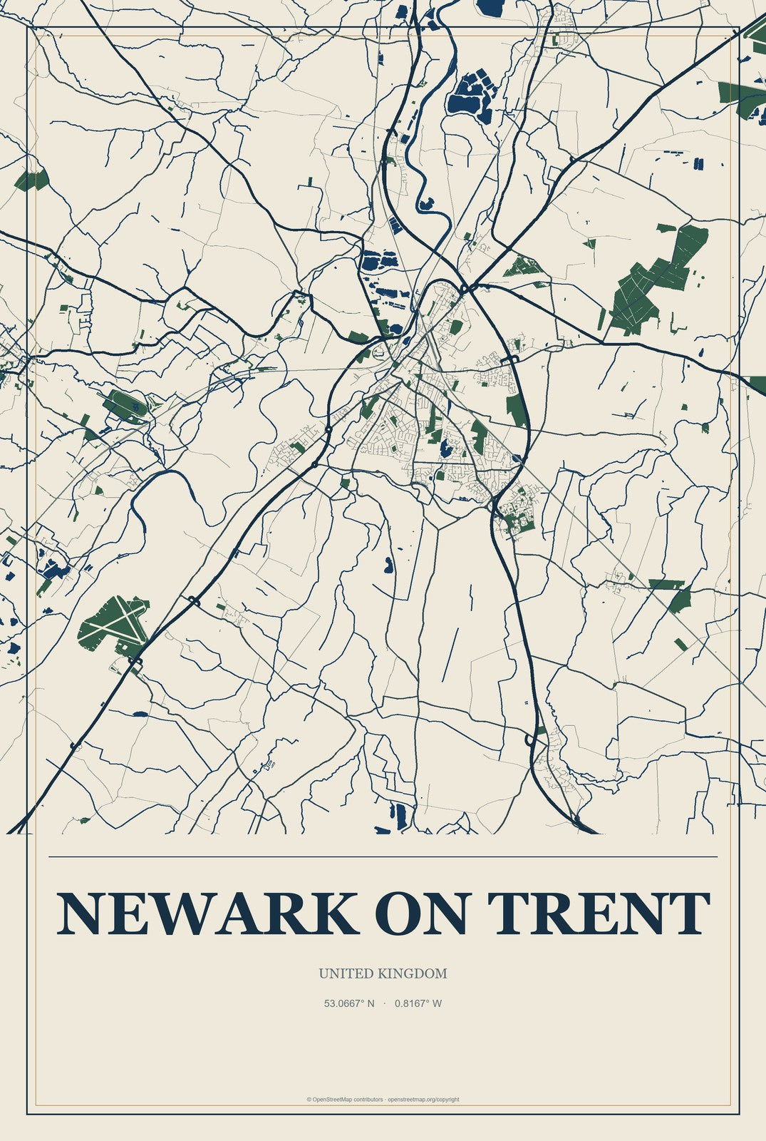 Newark on Trent, United Kingdom City Map Aluminum Sign in Coastal Cutout style