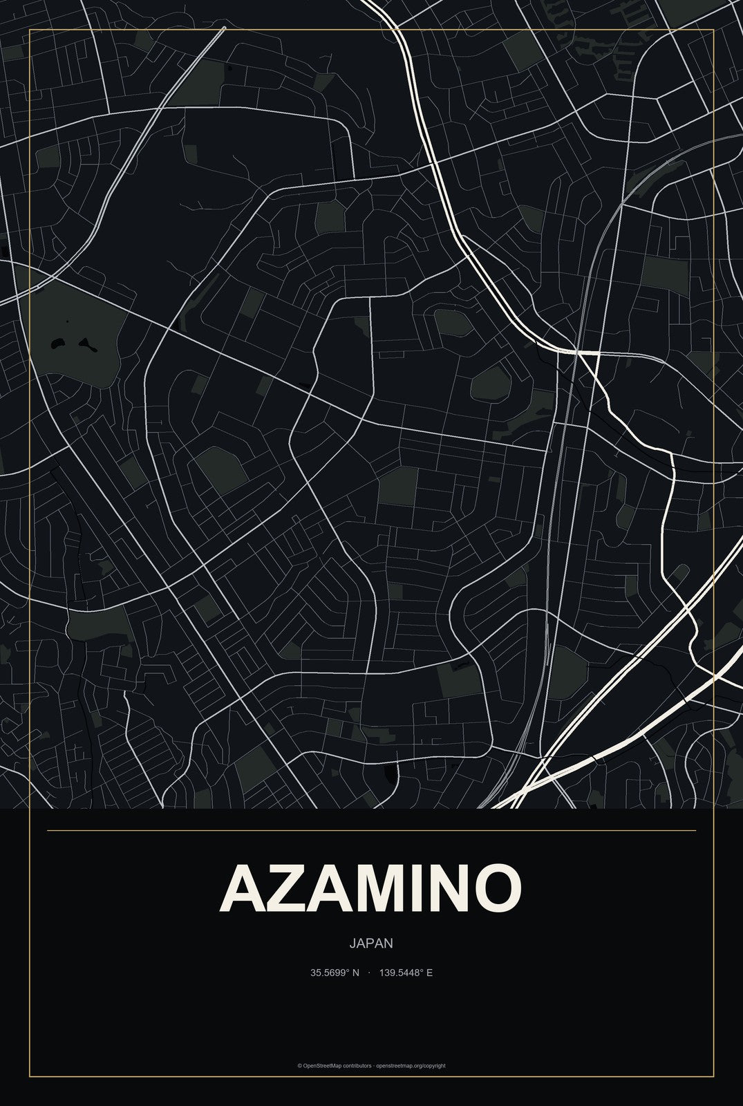 Azamino, Japan City Map Aluminum Sign in Metropolitan Noir style