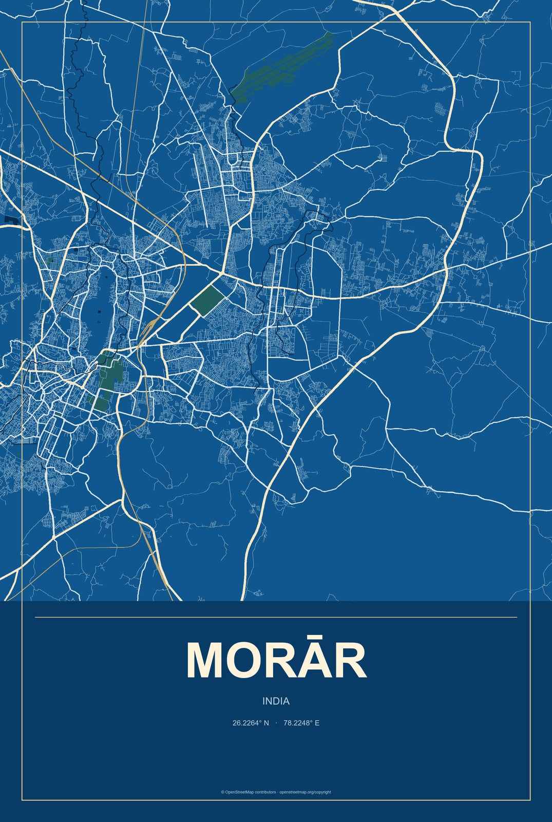 Morār, India City Map Aluminum Sign in Harbor Cobalt style