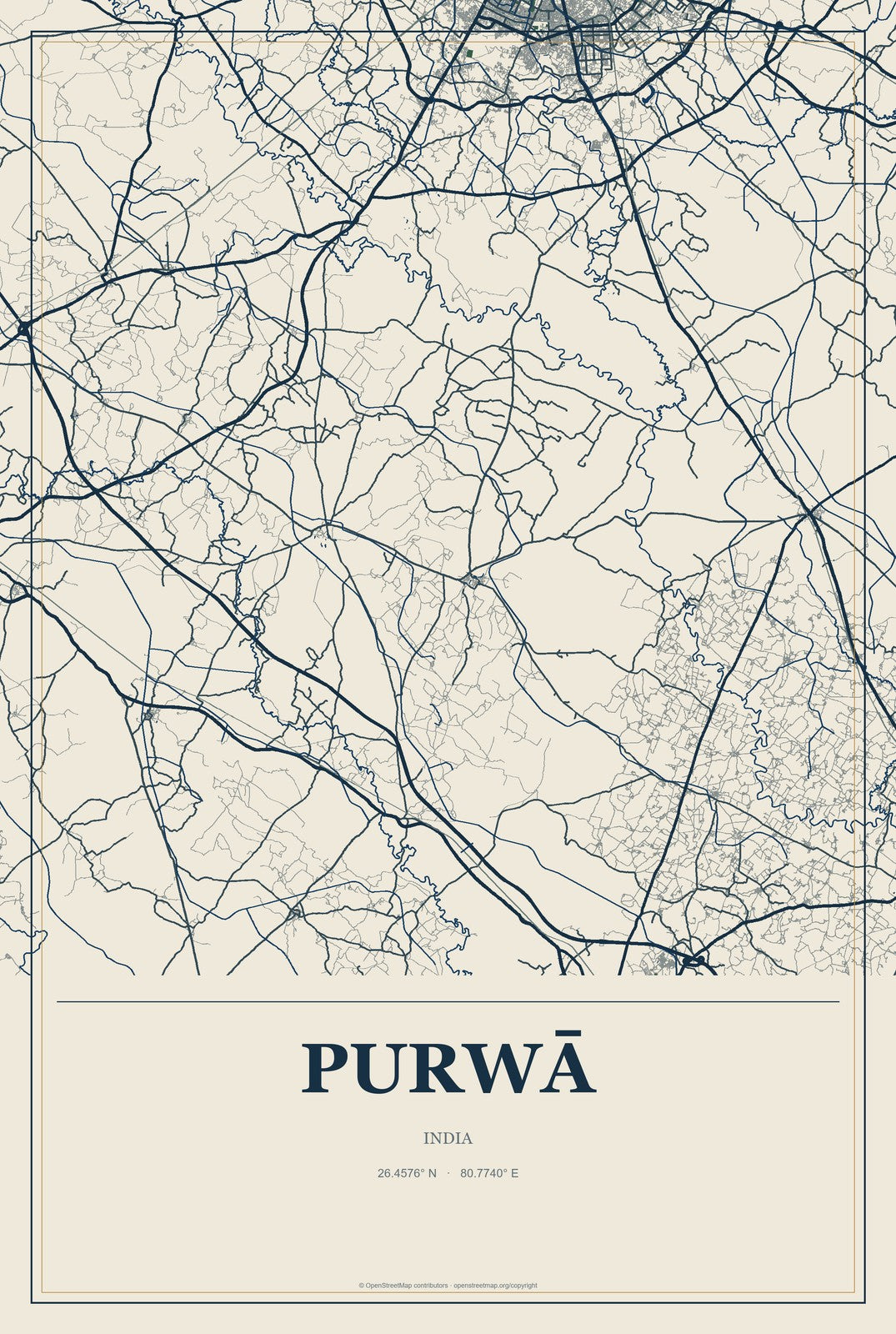 Purwā, India City Map Aluminum Sign in Coastal Cutout style