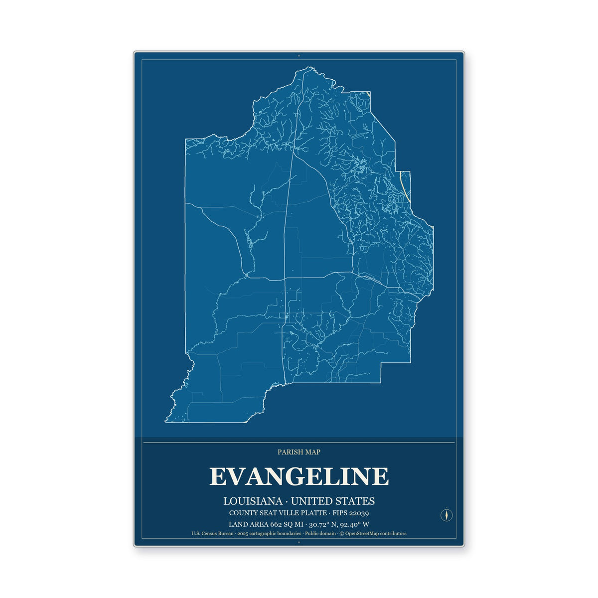 Evangeline Parish, Louisiana Map Aluminum Sign in Harbor Cobalt style