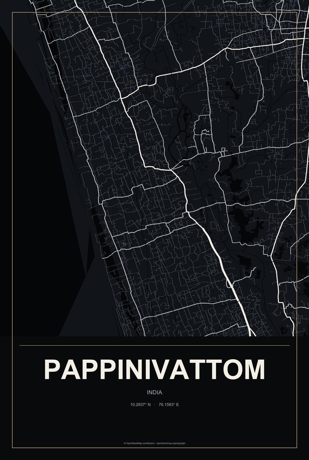 Pappinivattom, India City Map Aluminum Sign in Metropolitan Noir style