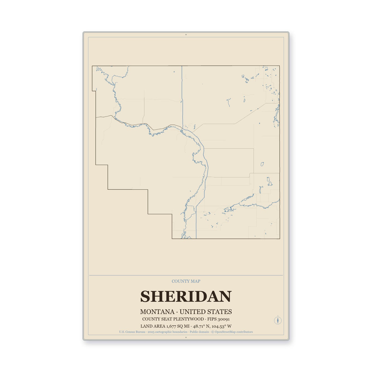 Sheridan County, Montana Map Aluminum Sign in Heritage Nautical style