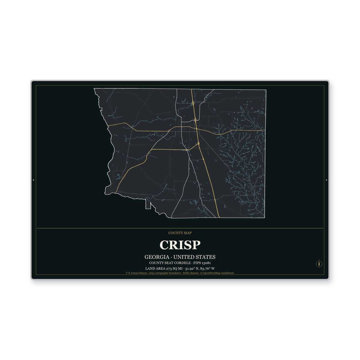 Crisp County, Georgia Map Aluminum Sign in Metropolitan Noir style