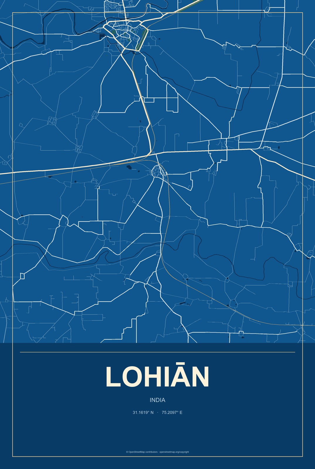 Lohiān, India City Map Aluminum Sign in Harbor Cobalt style