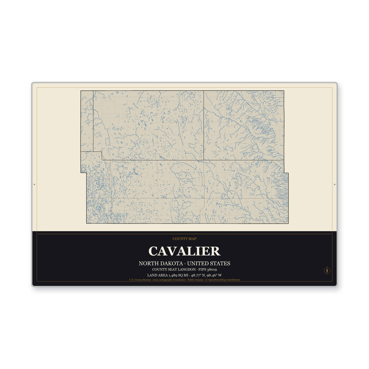 Cavalier County, North Dakota Map Aluminum Sign in Museum Plaque style