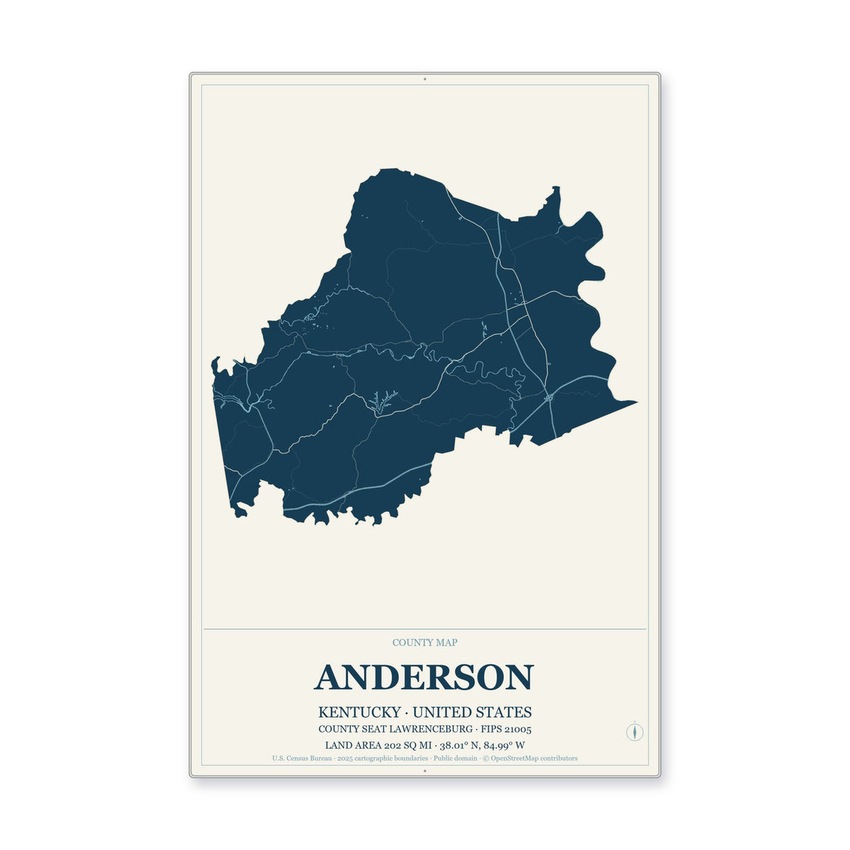 Anderson County, Kentucky Map Aluminum Sign in Coastal Cutout style