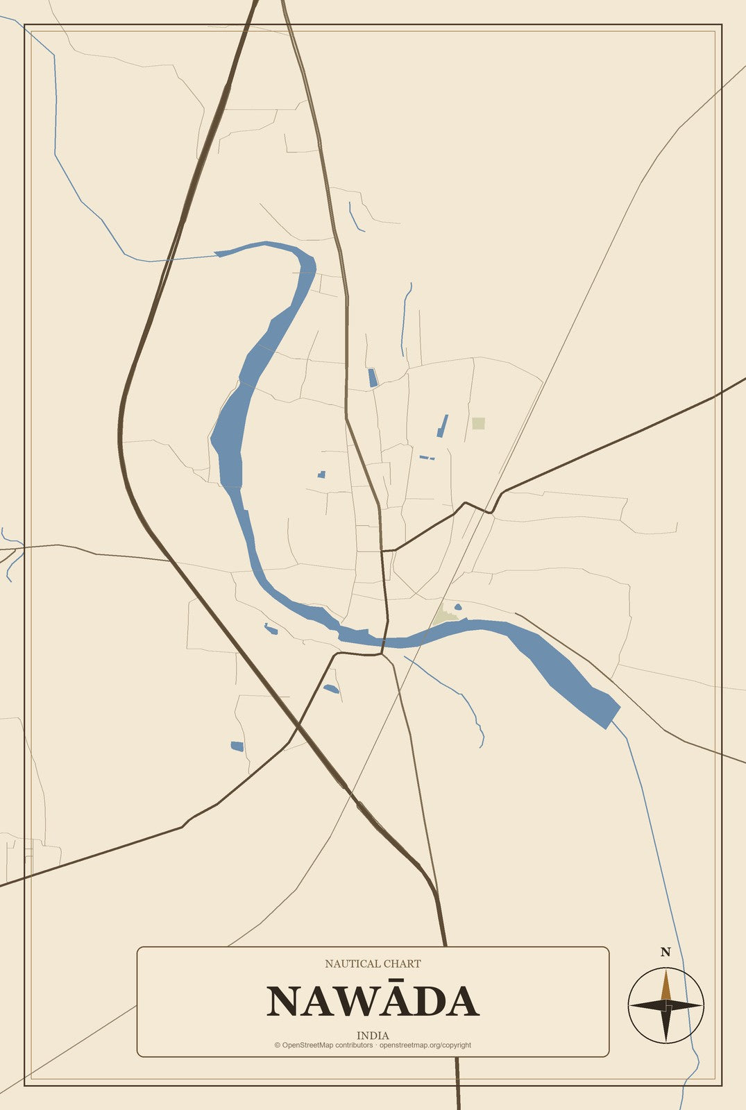 Nawāda, India City Map Aluminum Sign in Heritage Nautical style