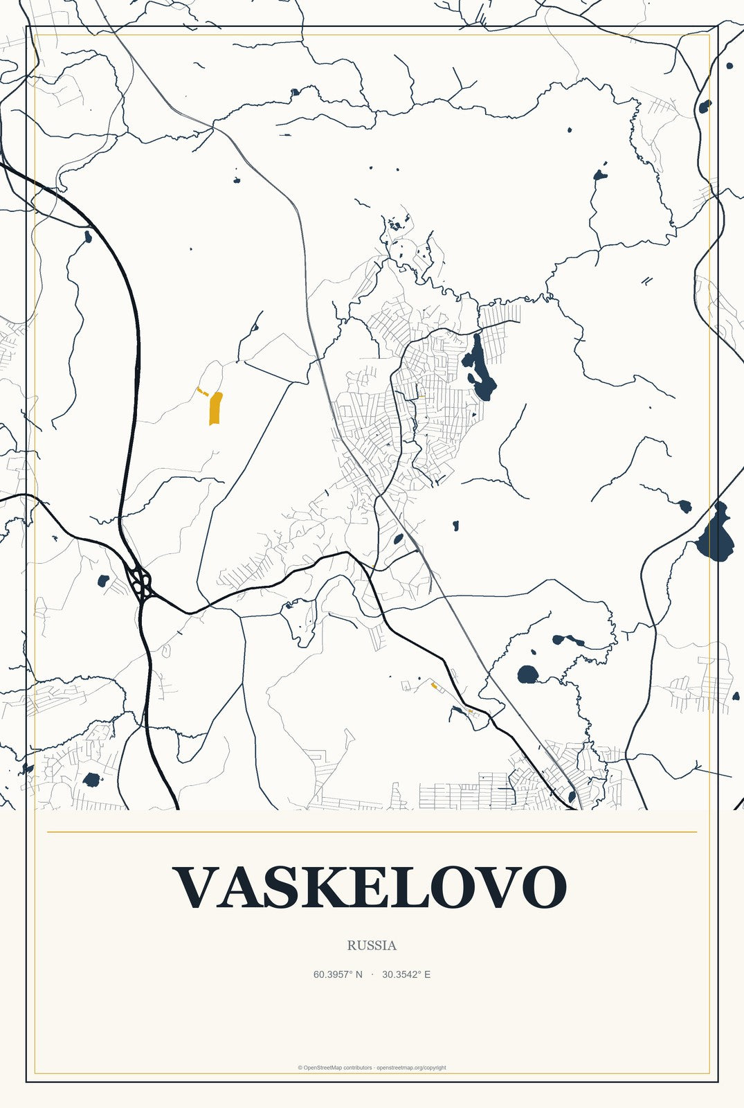 Vaskelovo, Russia City Map Aluminum Sign in Citrine Modern style