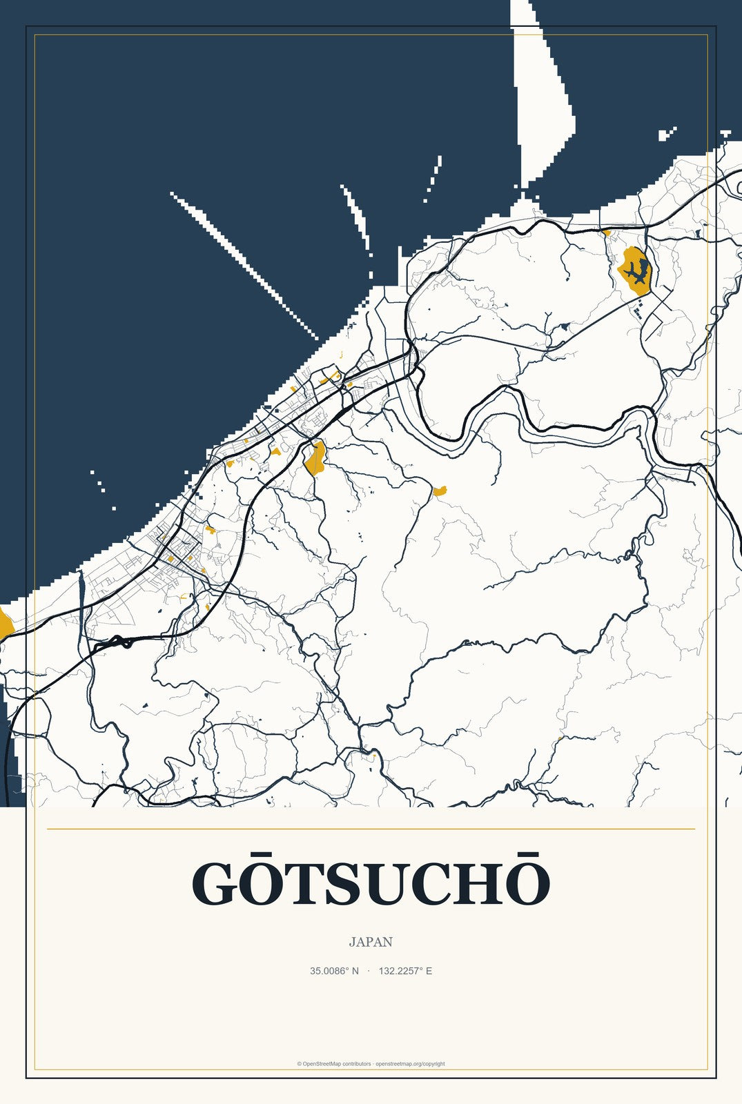 Gōtsuchō, Japan City Map Aluminum Sign in Citrine Modern style