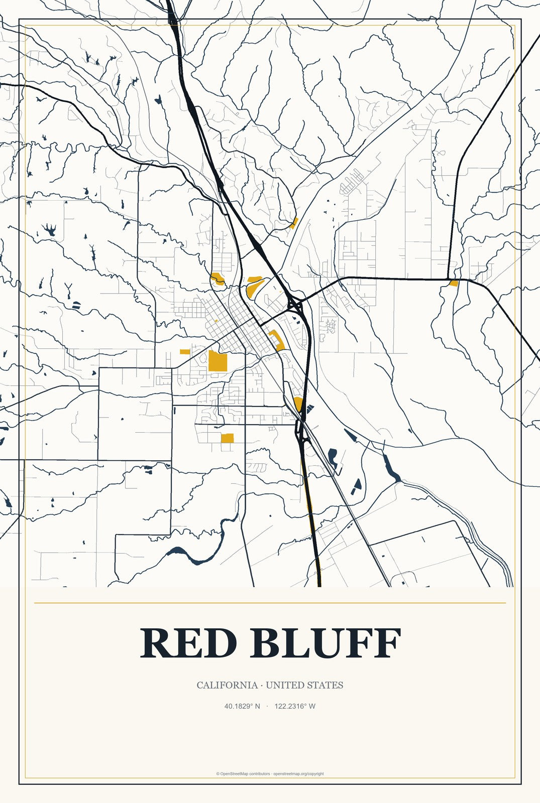 Red Bluff, California City Map Aluminum Sign in Citrine Modern style