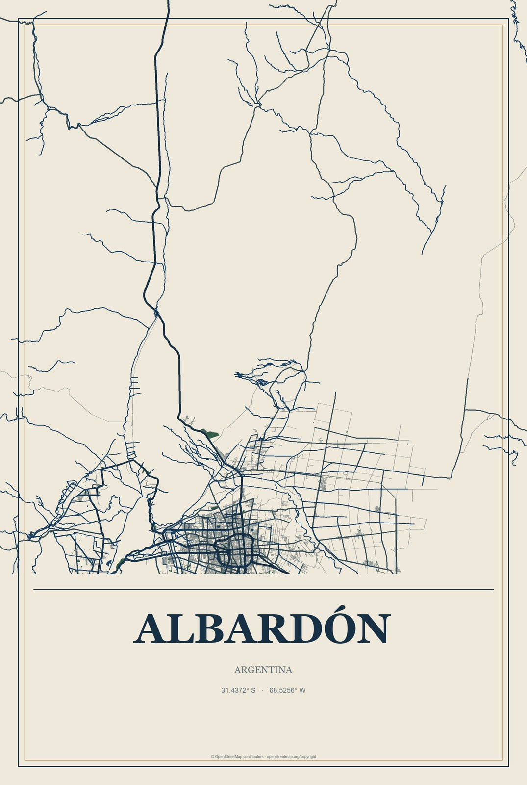 Albardón, Argentina City Map Aluminum Sign in Coastal Cutout style