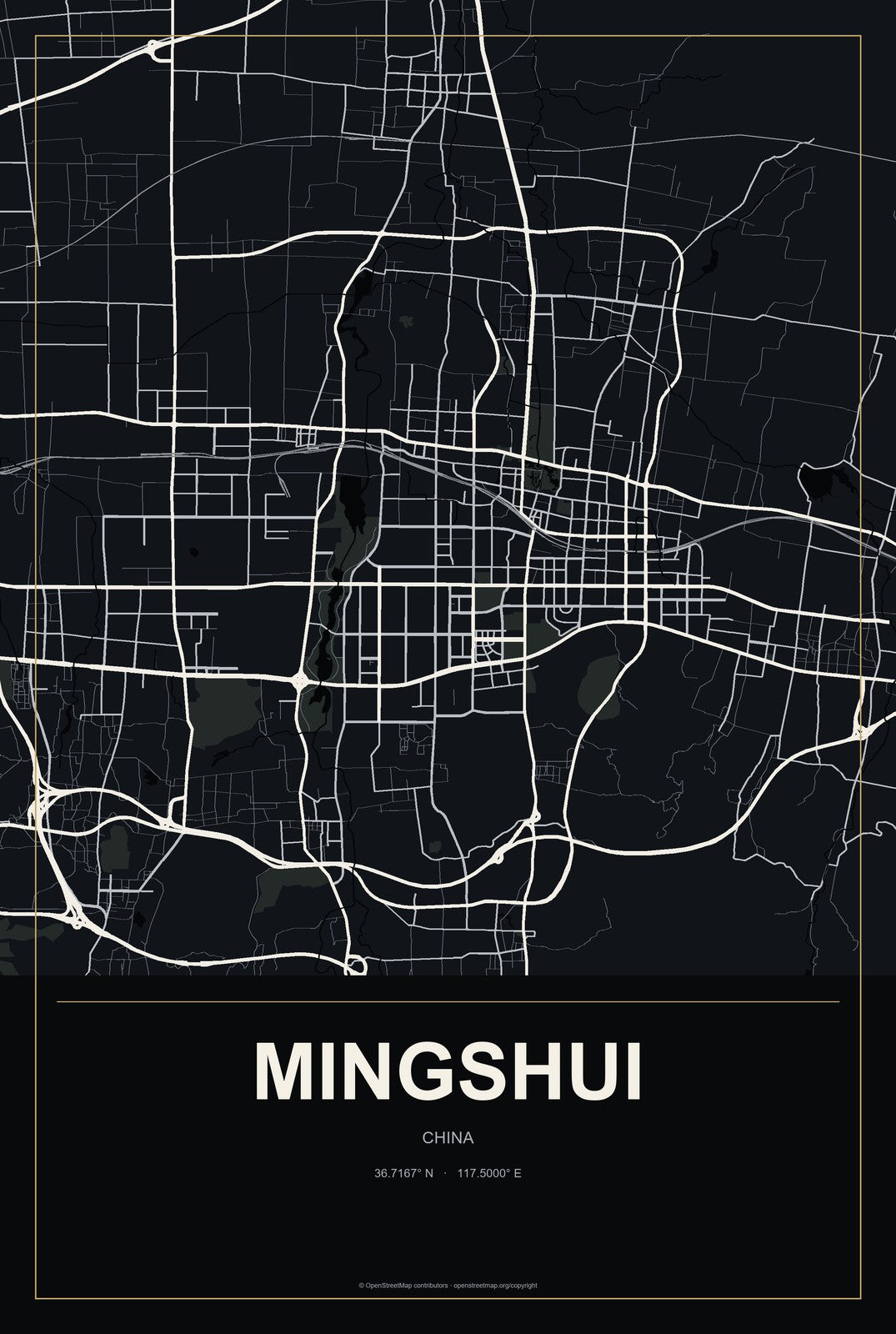 Mingshui, Shandong, China City Map Aluminum Sign in Metropolitan Noir style