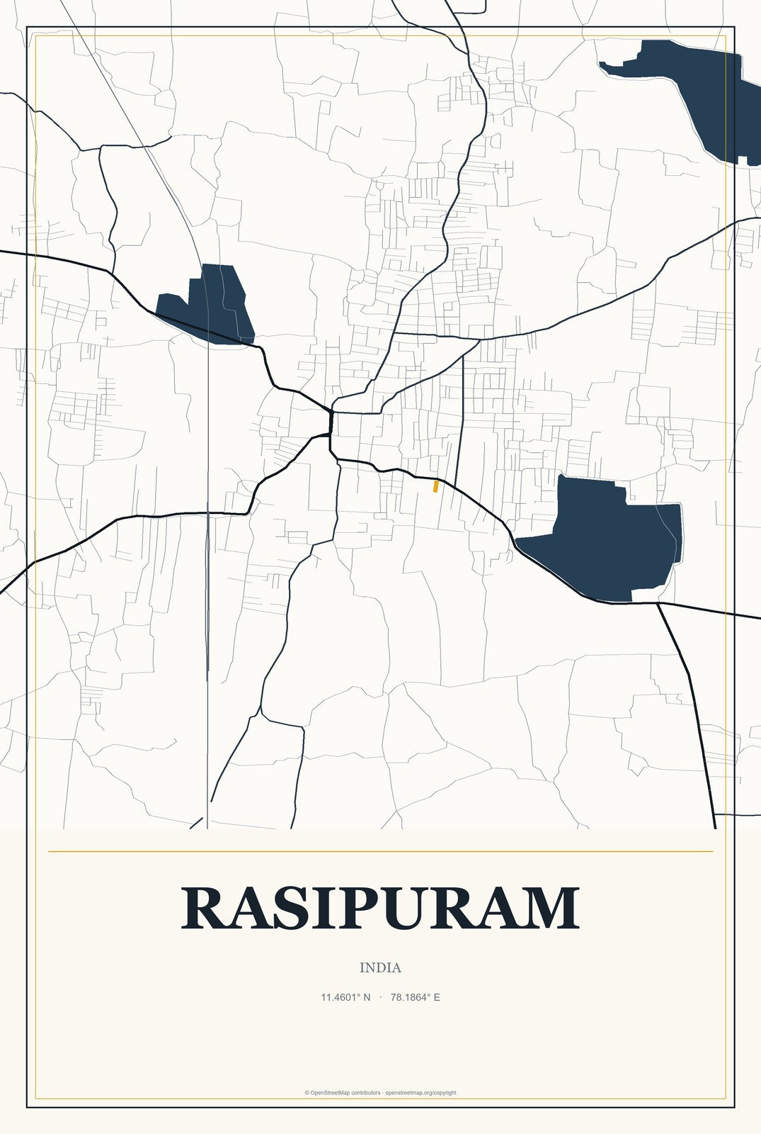 Rasipuram, India City Map Aluminum Sign in Citrine Modern style