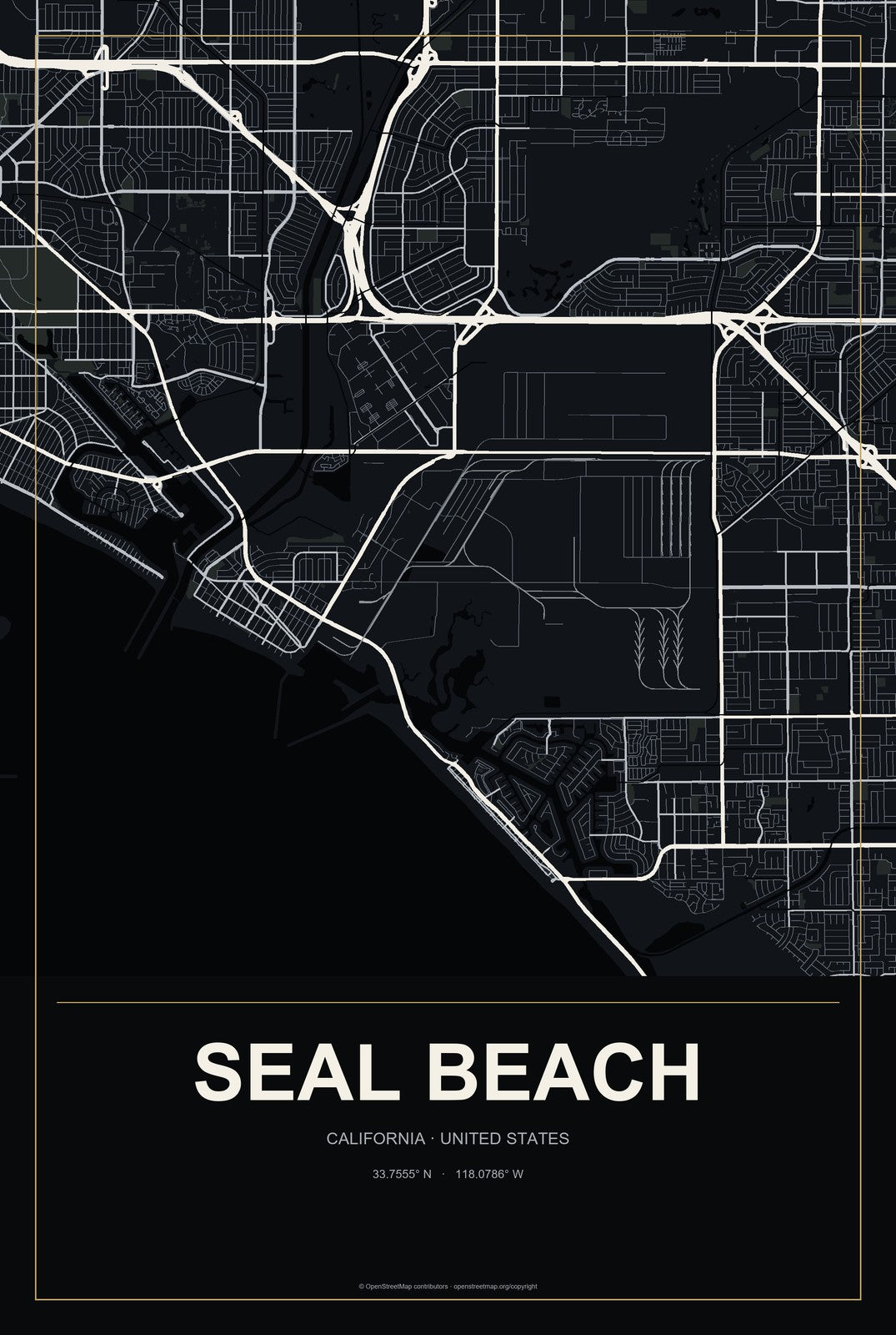 Seal Beach, California City Map Aluminum Sign in Metropolitan Noir style