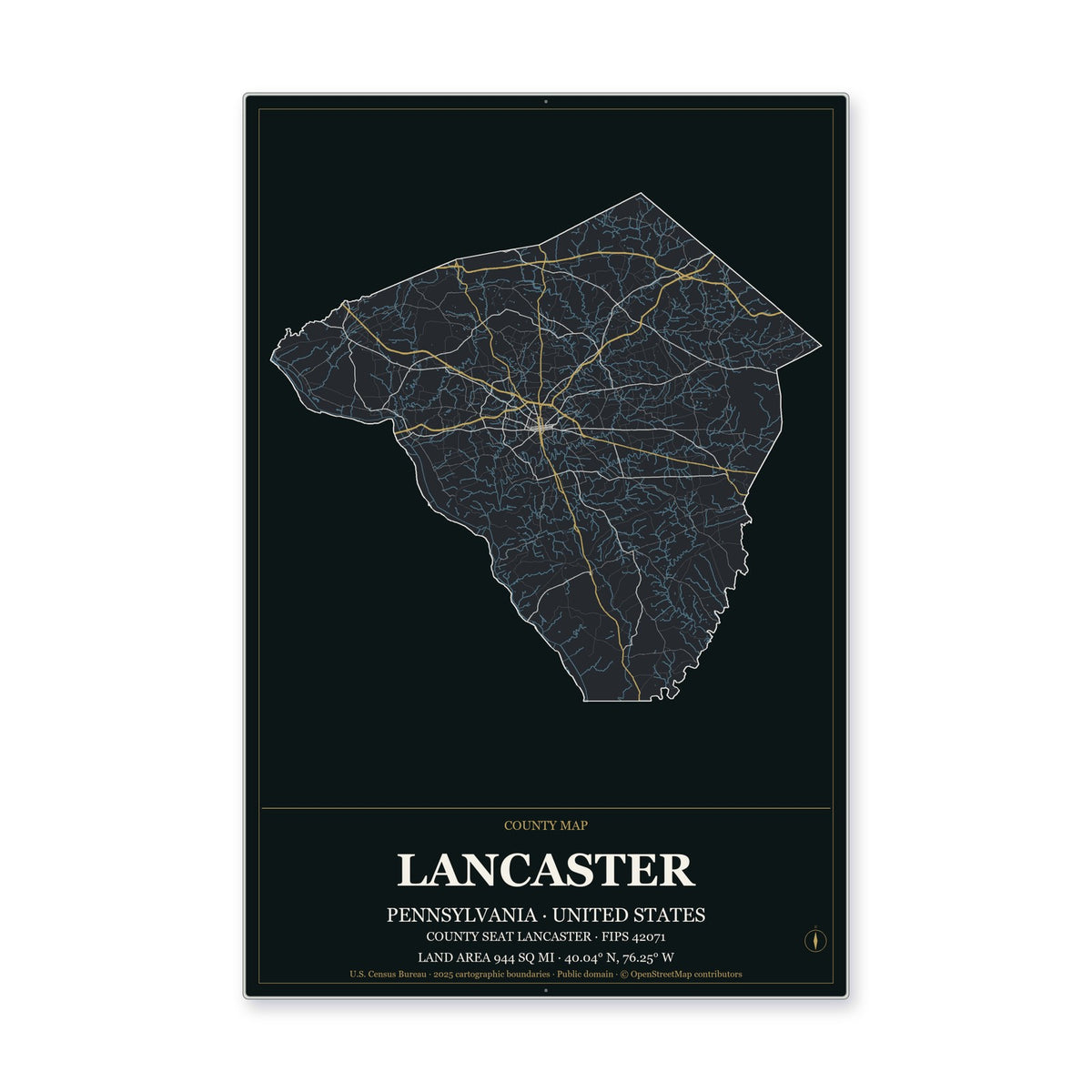 Lancaster County, Pennsylvania Map Aluminum Sign in Metropolitan Noir style