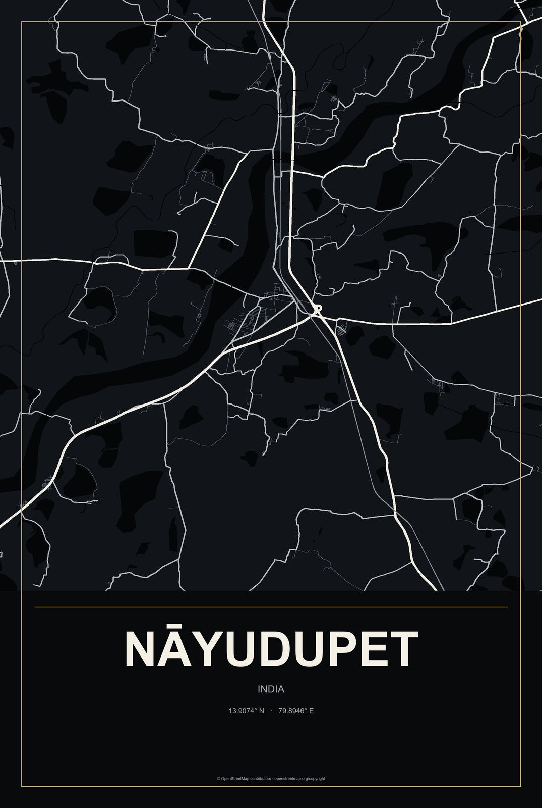 Nāyudupet, India City Map Aluminum Sign in Metropolitan Noir style