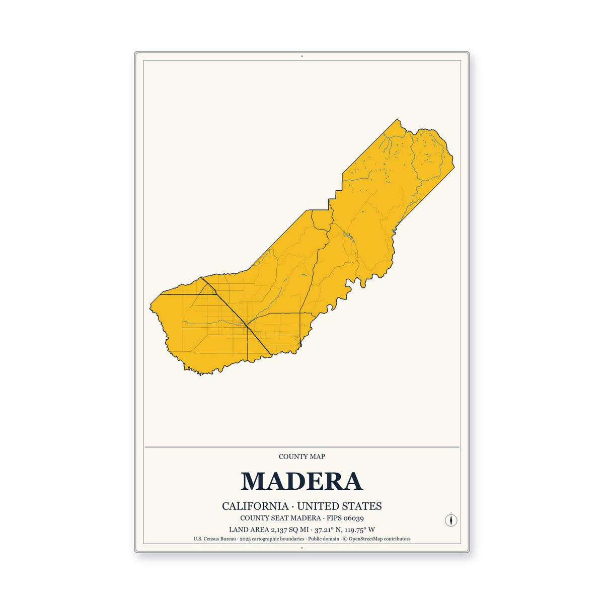 Madera County, California Map Aluminum Sign in Citrine Modern style