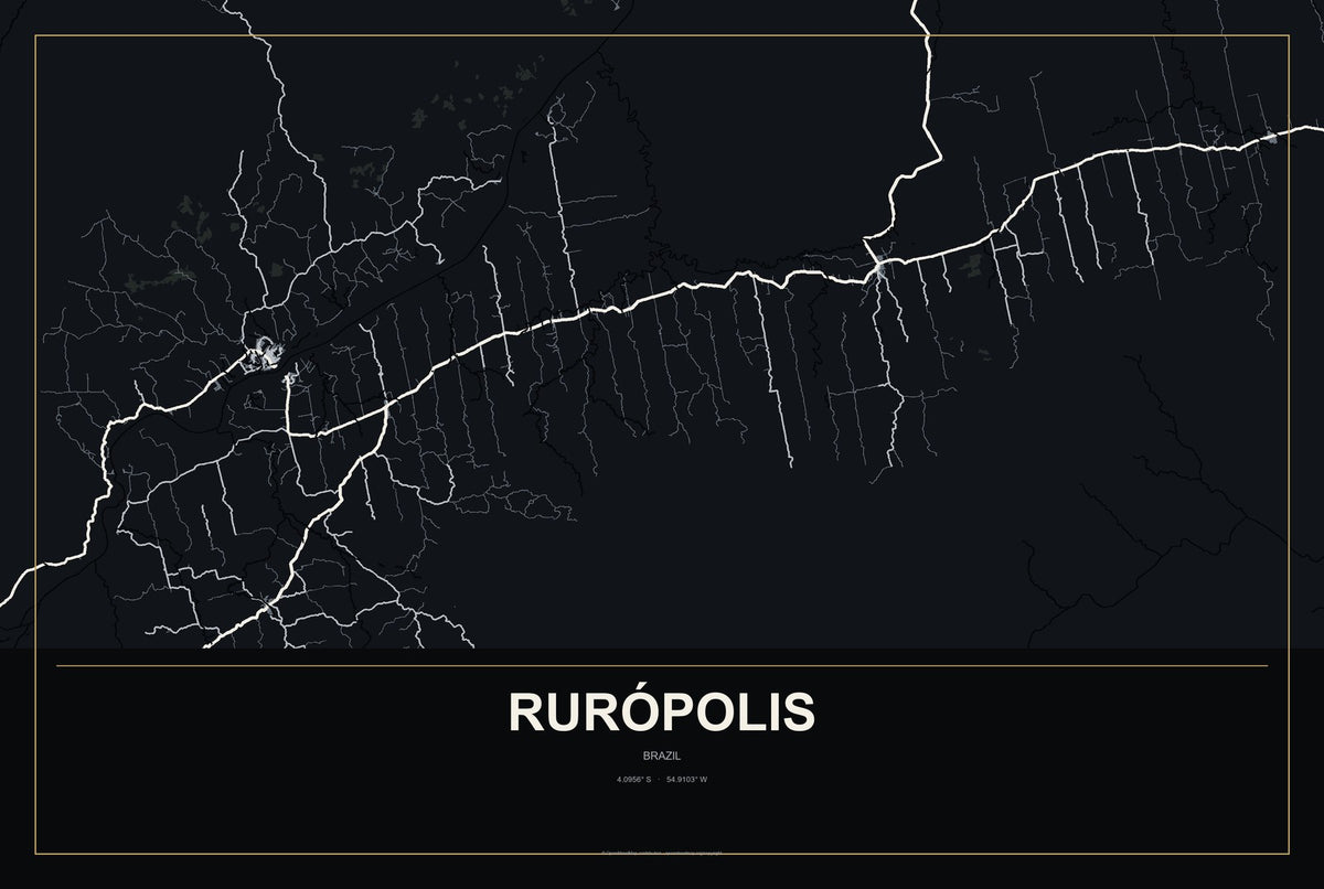 Rurópolis, Brazil City Map Aluminum Sign in Metropolitan Noir style