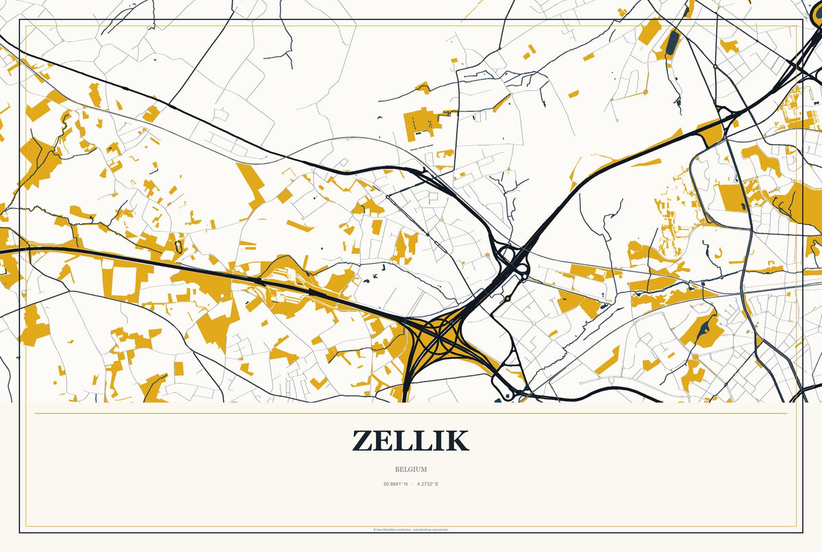 Zellik, Belgium City Map Aluminum Sign in Citrine Modern style