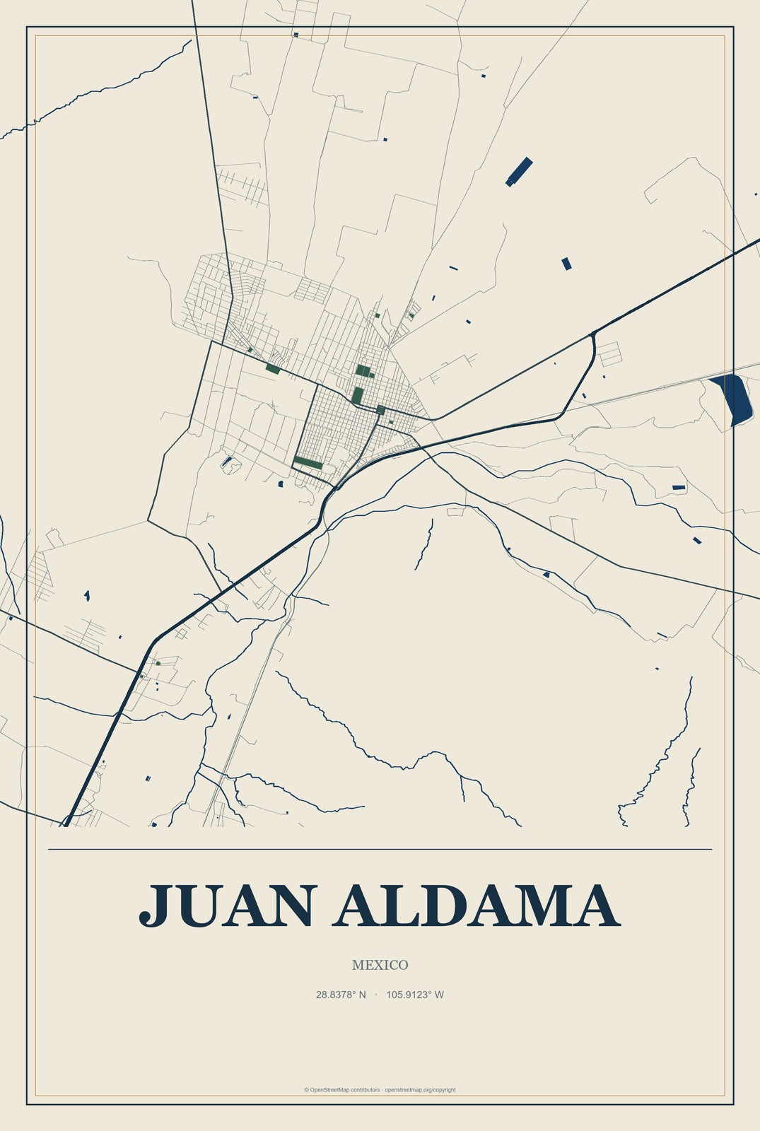 Juan Aldama, Zacatecas, Mexico City Map Aluminum Sign in Coastal Cutout style