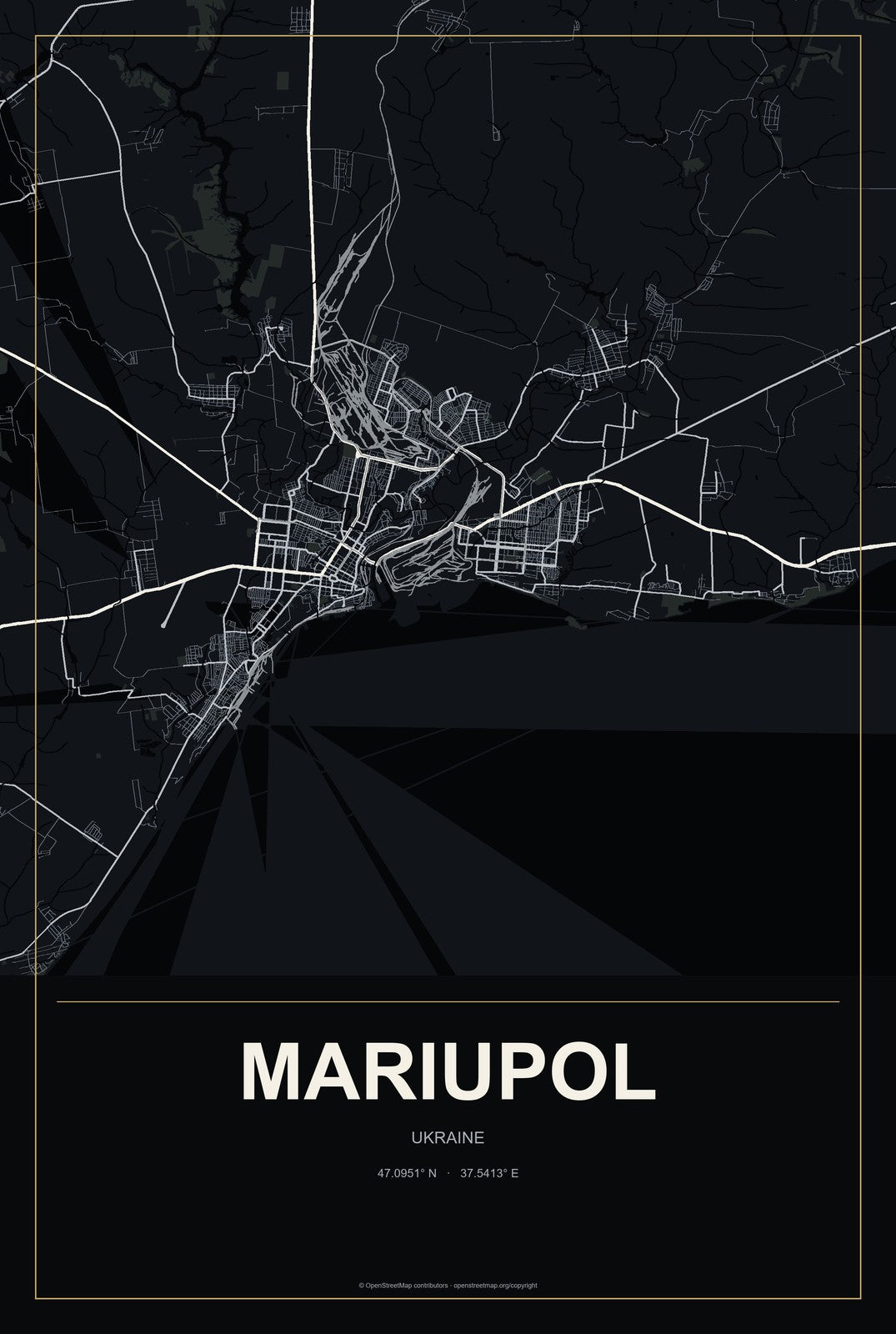 Mariupol, Ukraine City Map Aluminum Sign in Metropolitan Noir style
