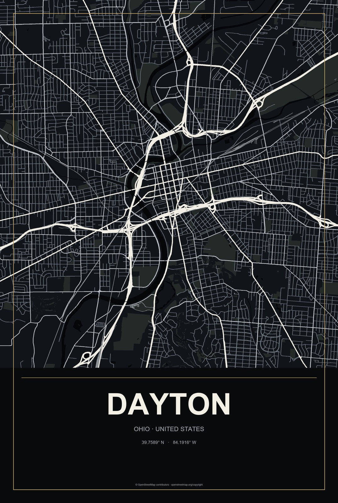 Dayton, Ohio City Map Aluminum Sign in Metropolitan Noir style