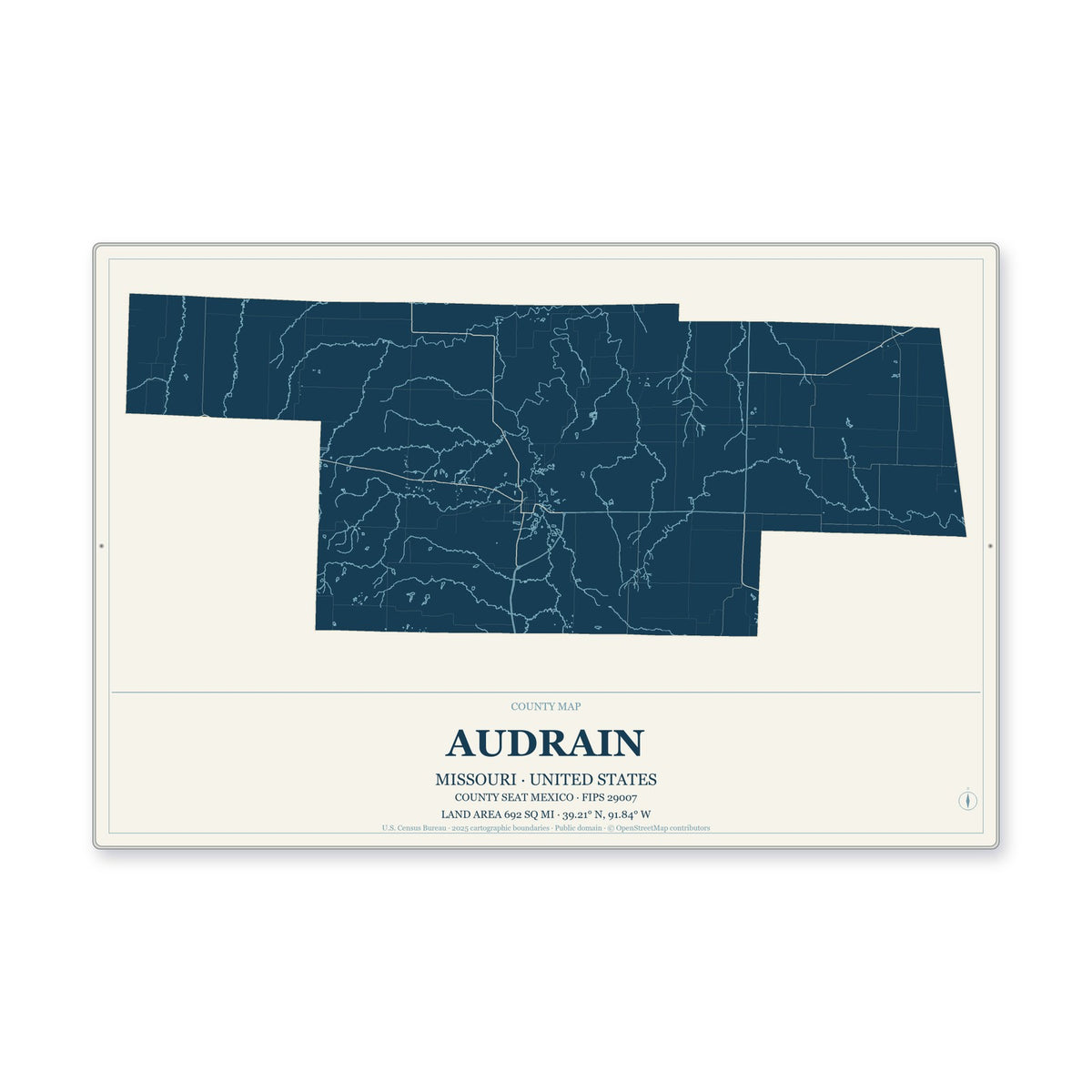 Audrain County, Missouri Map Aluminum Sign in Coastal Cutout style