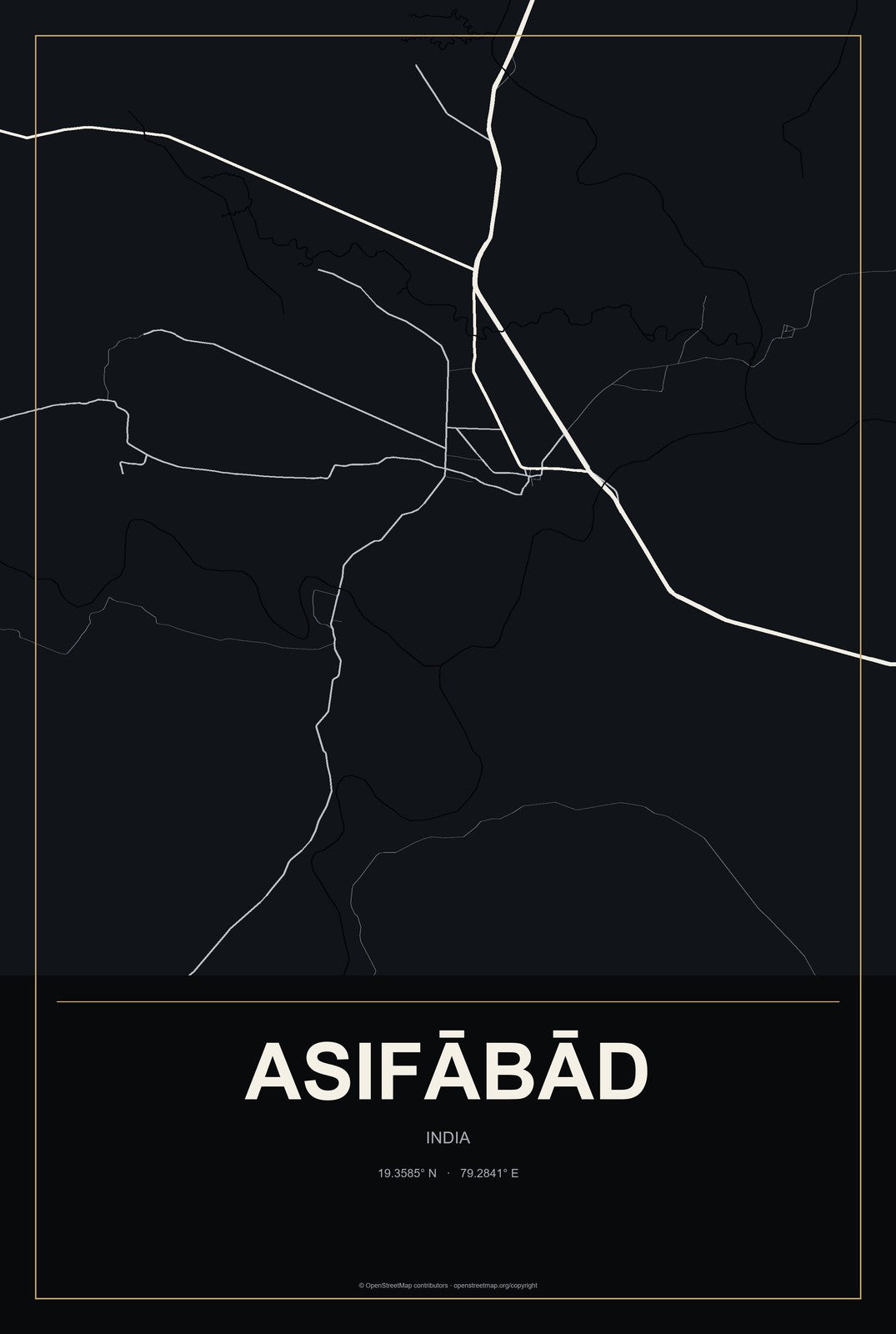 Asifābād, India City Map Aluminum Sign in Metropolitan Noir style