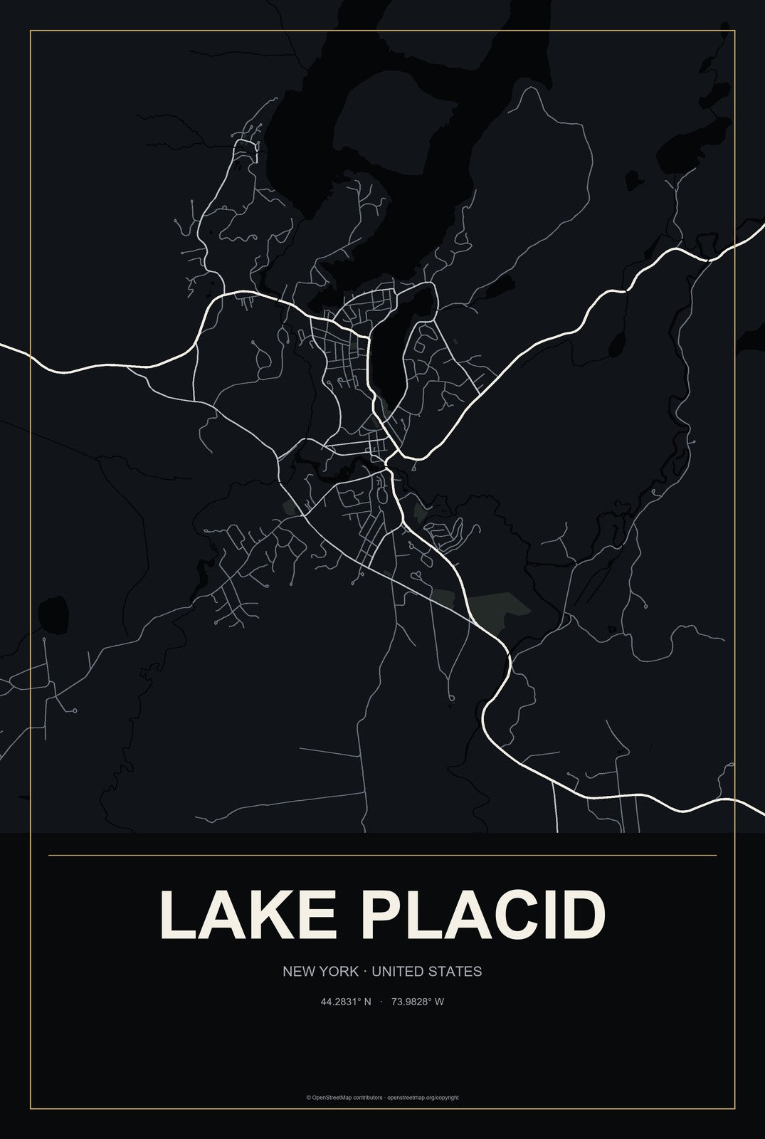 Lake Placid, New York City Map Aluminum Sign in Metropolitan Noir style