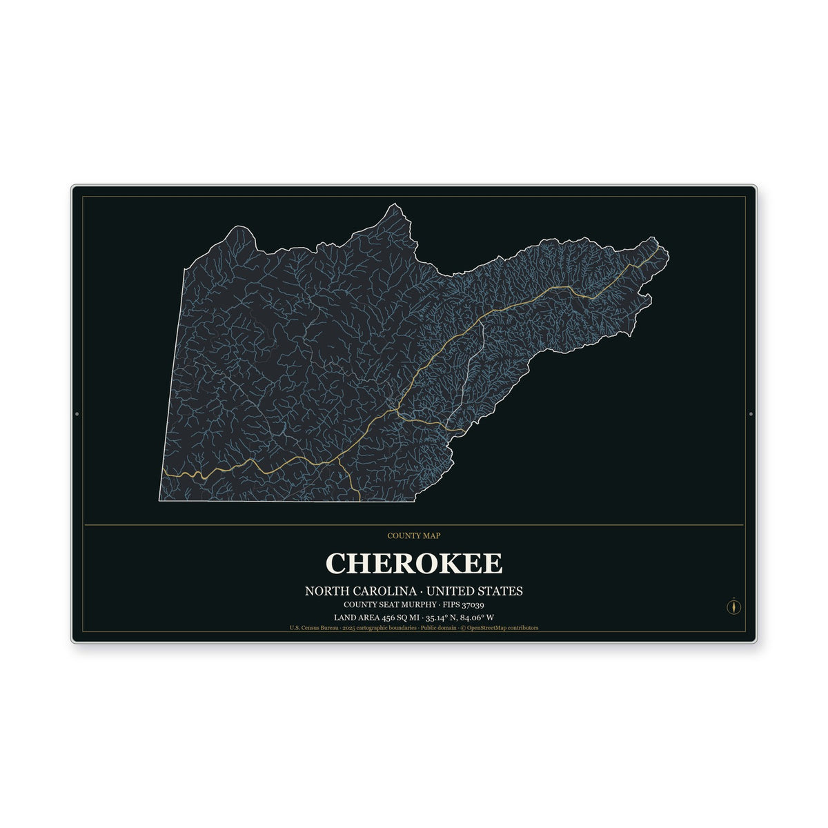 Cherokee County, North Carolina Map Aluminum Sign in Metropolitan Noir style