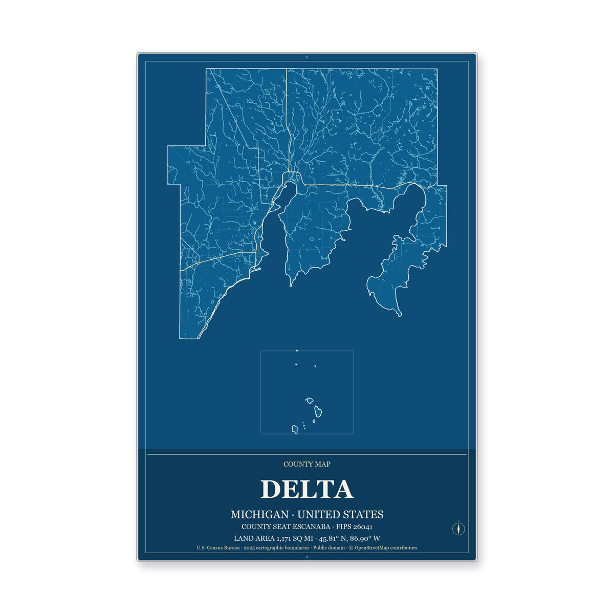 Delta County, Michigan Map Aluminum Sign in Harbor Cobalt style