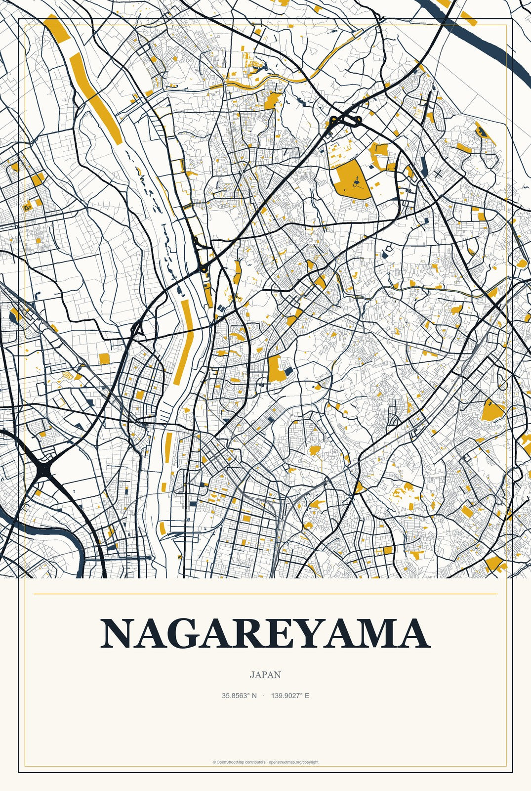 Nagareyama, Japan City Map Aluminum Sign in Citrine Modern style
