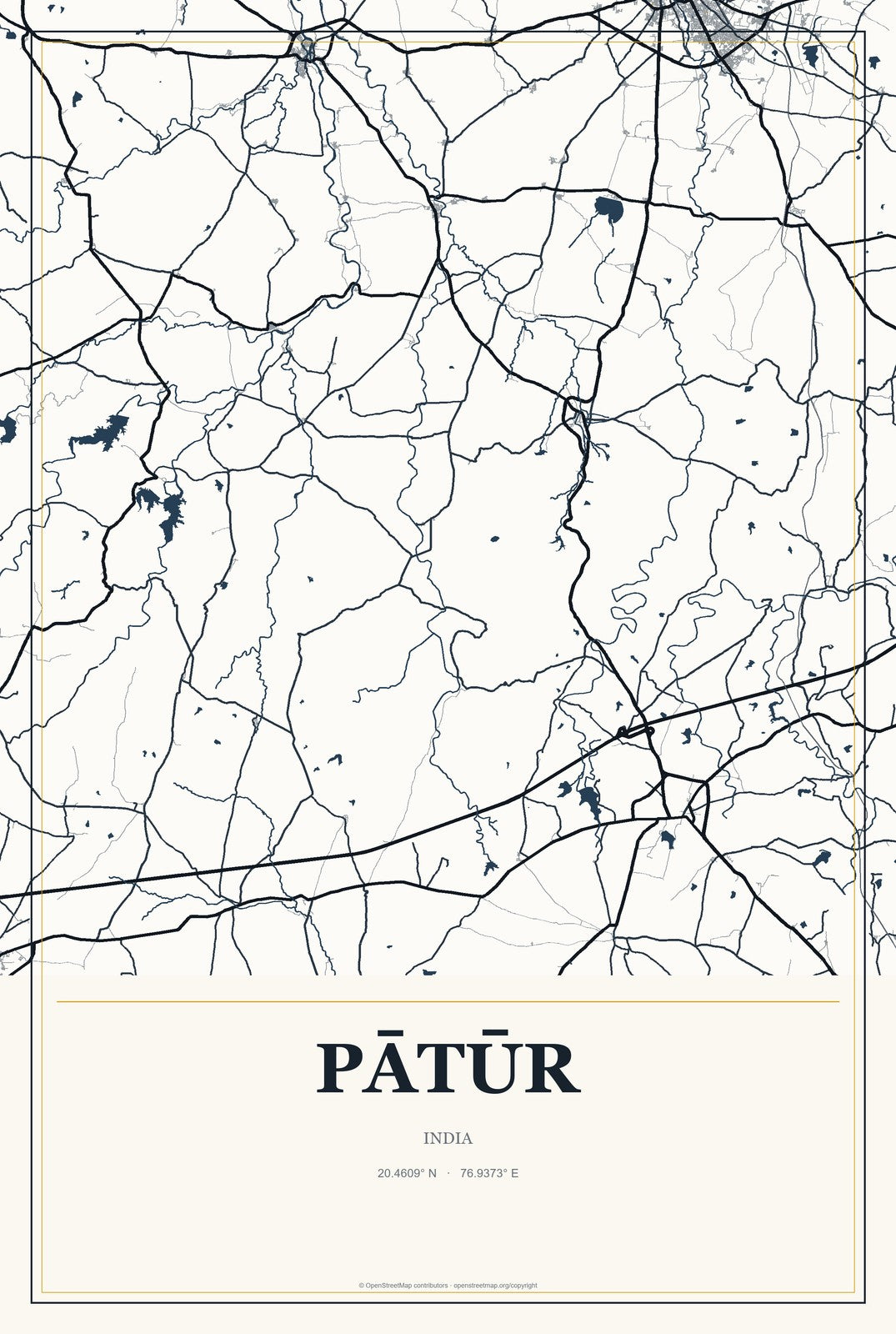 Pātūr, India City Map Aluminum Sign in Citrine Modern style
