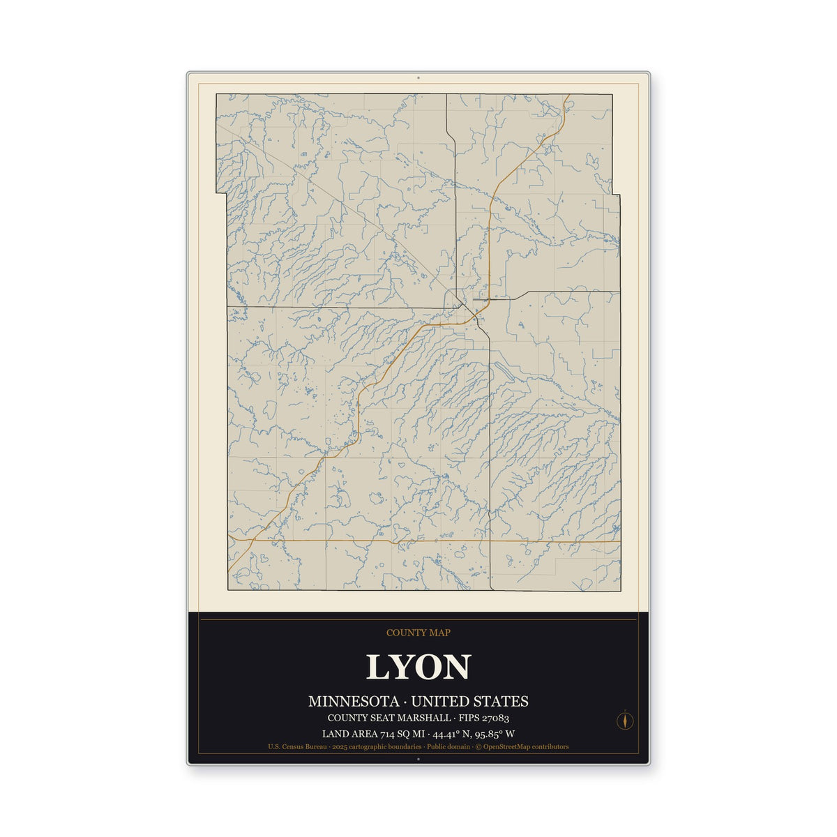 Lyon County, Minnesota Map Aluminum Sign in Museum Plaque style