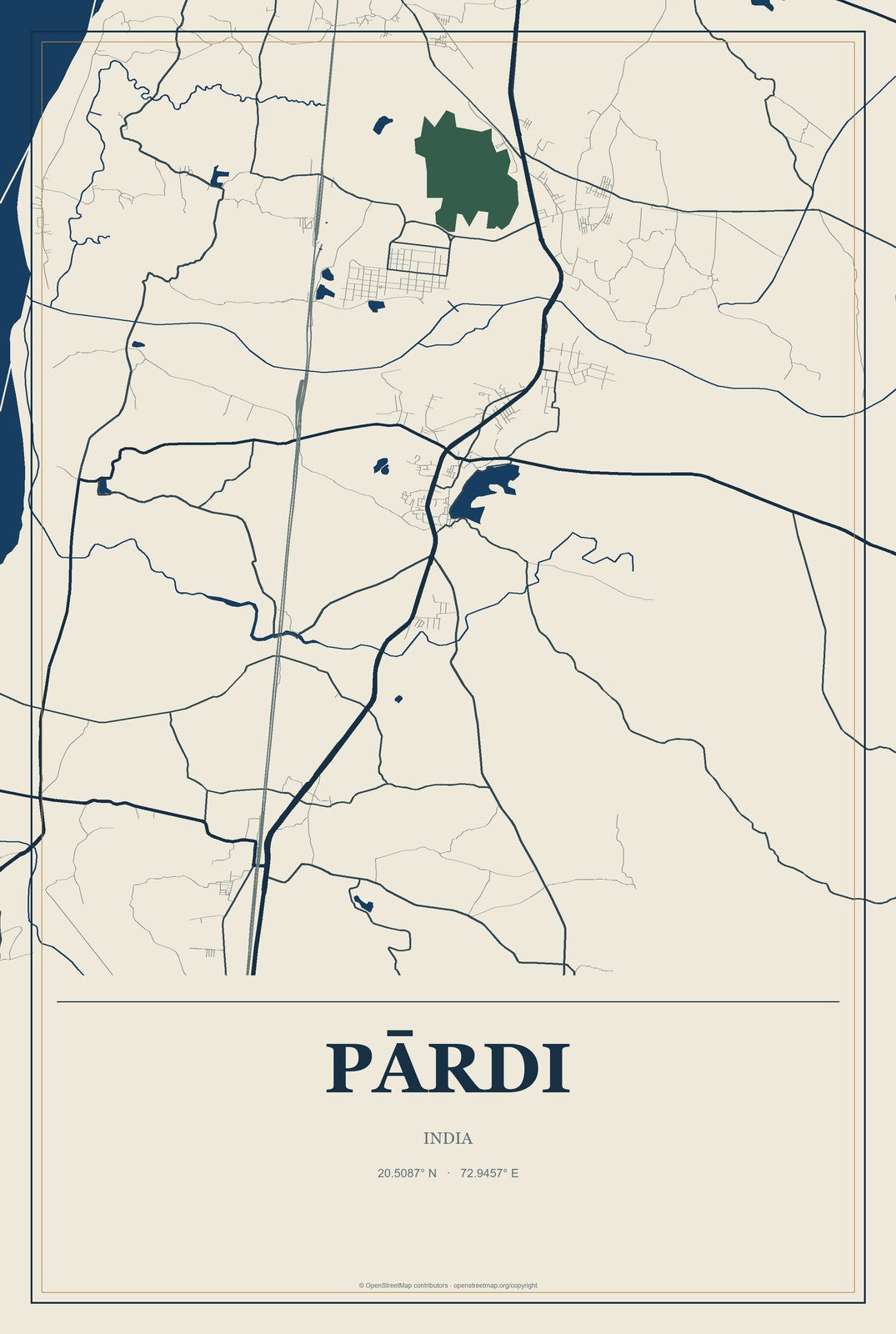 Pārdi, India City Map Aluminum Sign in Coastal Cutout style