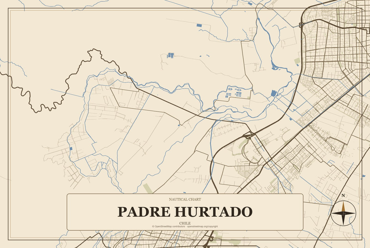 Padre Hurtado, Chile City Map Aluminum Sign in Heritage Nautical style