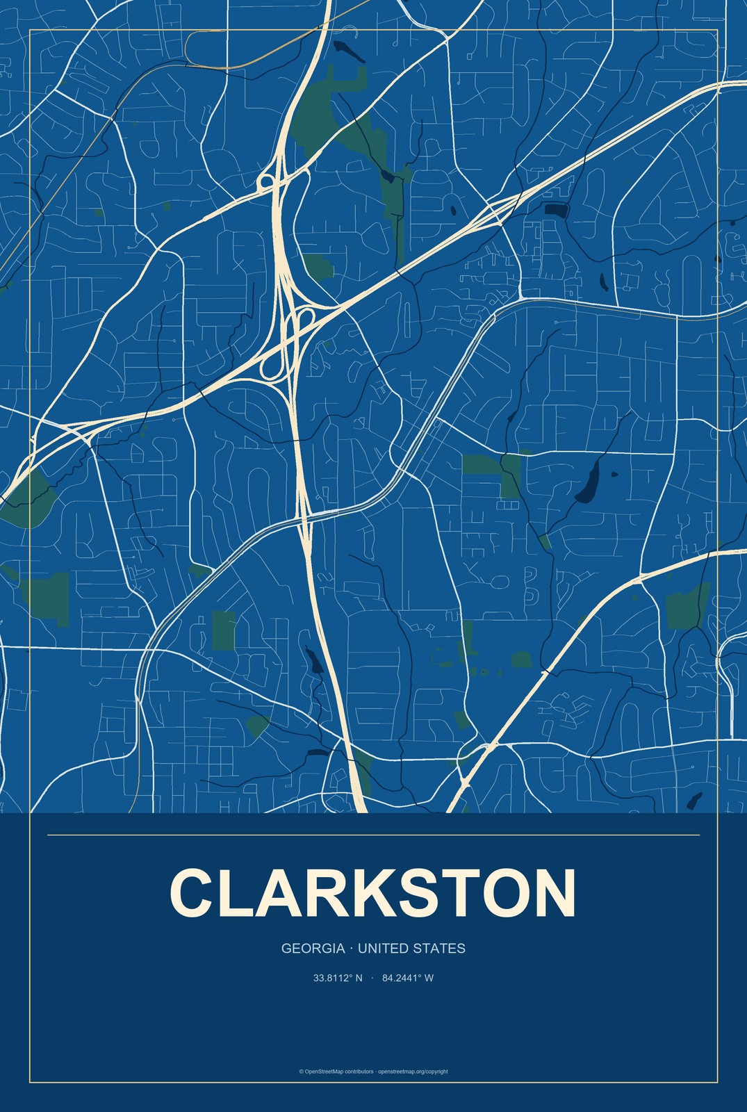 Clarkston, Georgia City Map Aluminum Sign in Harbor Cobalt style