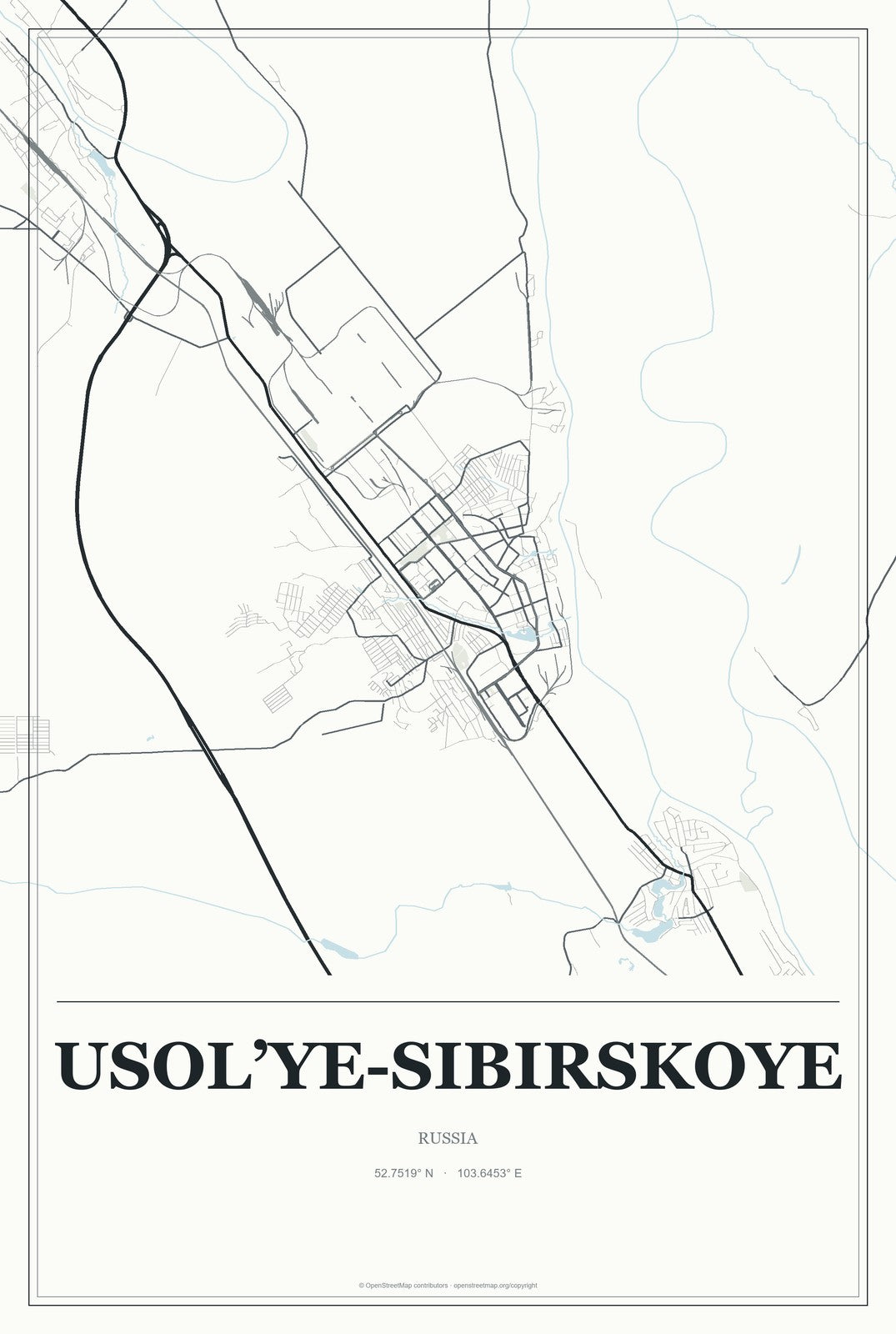 Usol’ye-Sibirskoye, Russia City Map Aluminum Sign in Gallery Air style