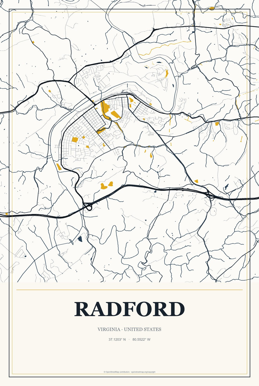 Radford, Virginia City Map Aluminum Sign in Citrine Modern style